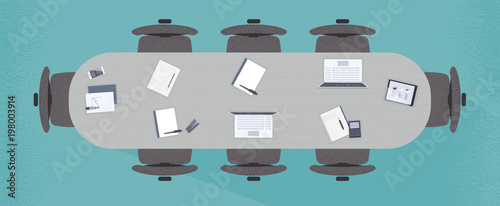 Long flat conference meeting table on blue background with texture