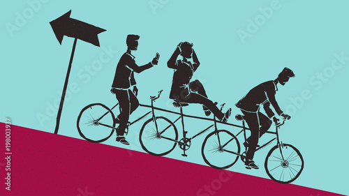 Businessmen drive a bicycle downhill - disfunctional teamwork concept photo