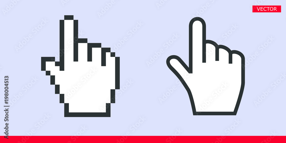 White pointer index finger pixel and no pixel modern hand cursors sign icons vector illustration set isolated on gray background. Pixel and no pixel modern version of cursors. White pointer index finger pixel and no pixel modern hand cursors sign icons vector illustration set isolated on gray background. Pixel and no pixel modern version of cursors.