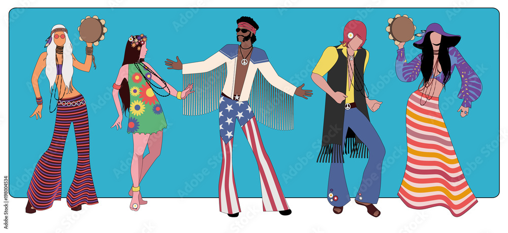 Valokuva Group of five wearing hippie clothes of the 60s and 70s dancing -  tilaa netistä Europosters.fi
