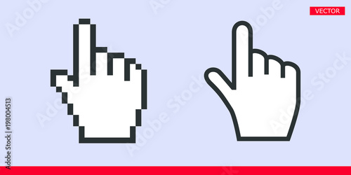 White pointer index finger pixel and no pixel modern hand cursors sign icons vector illustration set isolated on gray background. Pixel and no pixel modern version of cursors. 