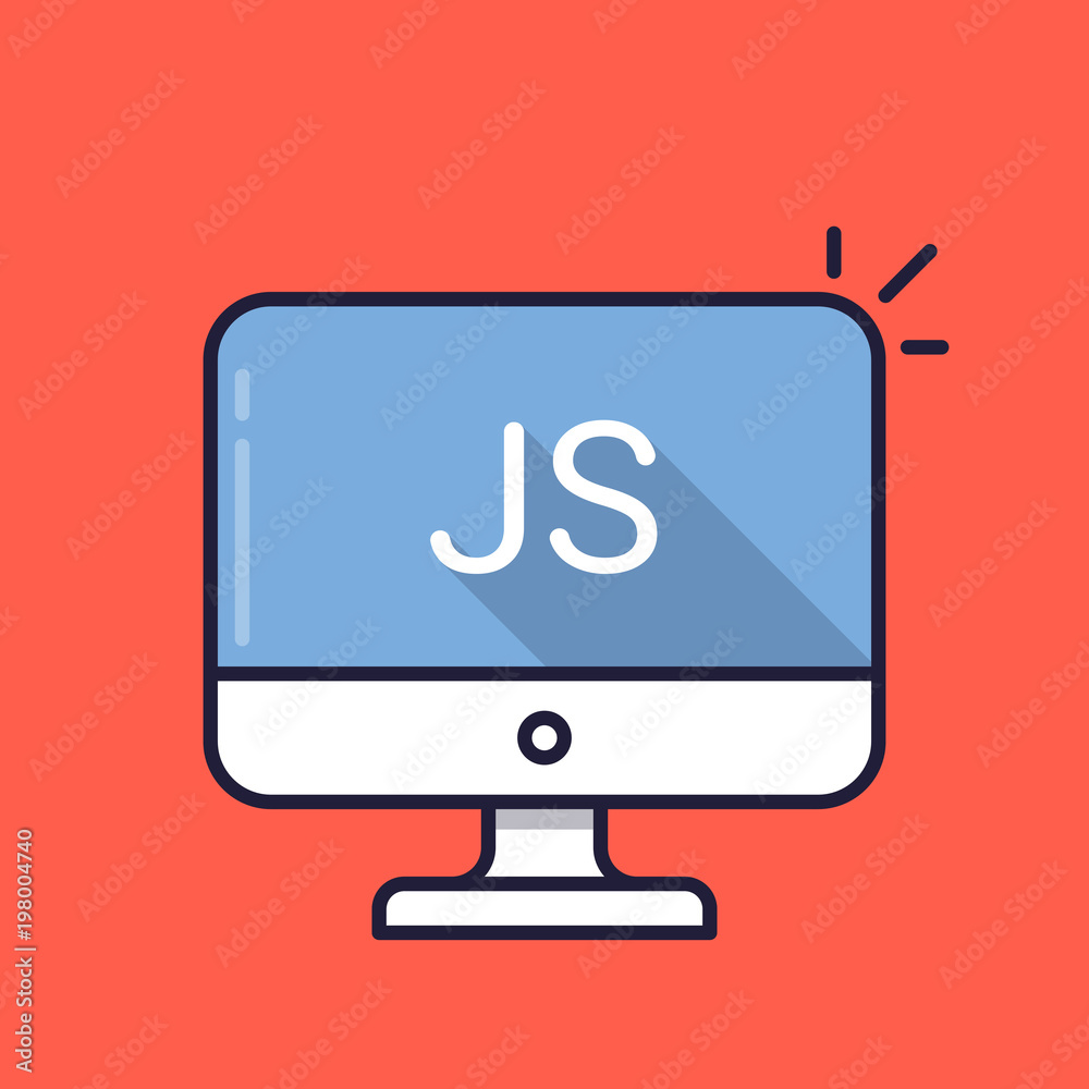 Computer with JS word on screen. Javascript scripting language. Web development, create js script, coding, learning concepts. Simple line icon. Modern long shadow flat design vector illustration Computer with JS word on screen. Javascript scripting language. Web development, create js script, coding, learning concepts. Simple line icon. Modern long shadow flat design vector illustration