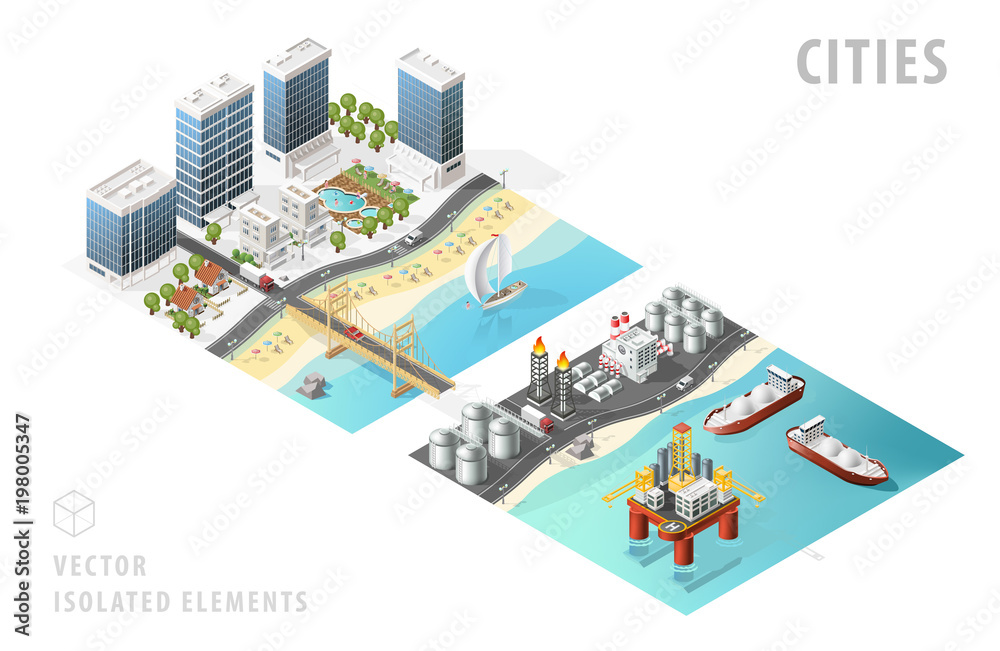 Set of Isolated High Quality Isometric City Maps on White Background Set of Isolated High Quality Isometric City Maps on White Background