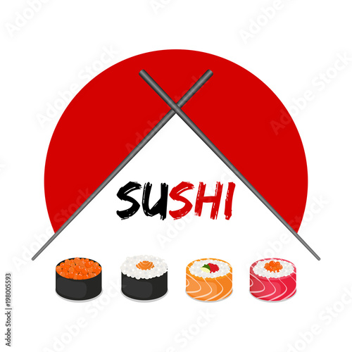 Vintage Sushi poster design with vector sushi character. Chinese word means sushi.