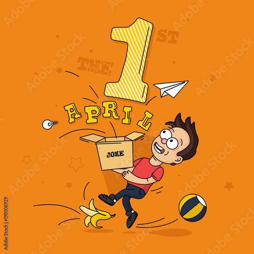 The young guy slipped on a banana with a box in his hands. Holiday 1 April fool's day.