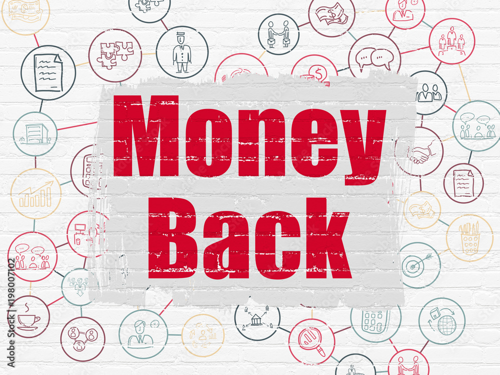 Fototapeta premium Business concept: Painted red text Money Back on White Brick wall background with Scheme Of Hand Drawn Business Icons