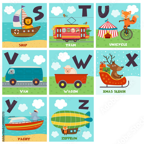 alphabet card with transport and animals S to Z - vector illustration, eps- vector illustration, eps