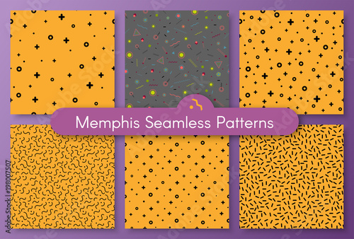 Set of cool neo hipster style memphis seamless pattern. Trendy texture with black colors funky shapes on orange or gray background. Vector illustration in memphis pop art style for modern invitation