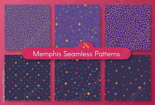 Set of neo hipster style memphis seamless pattern. Trendy texture with funky shapes on violet background. Vector illustration in memphis pop art style for modern invitation or fabric seamless print