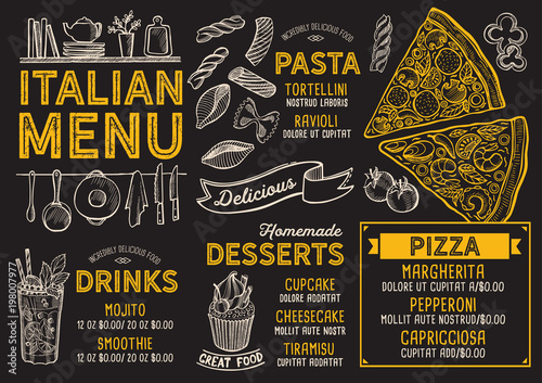 Pizza restaurant menu. Vector food flyer for bar and cafe. Design template with vintage hand-drawn illustrations.