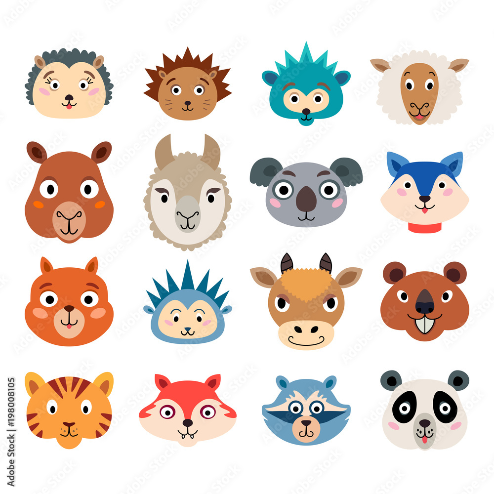 Set of cartoon cute baby animal faces isolated Set of cartoon cute baby animal faces isolated
