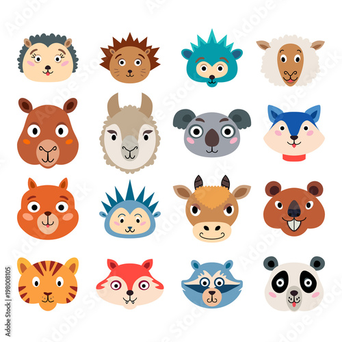 Set of cartoon cute baby animal faces isolated