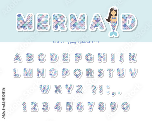 Mermaid scale font. For birthday cards, posters. Vector illustration