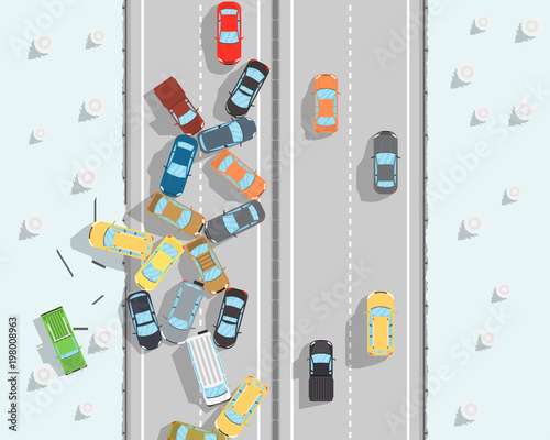 Many cars skidded on a slippery road. Vector illustration
