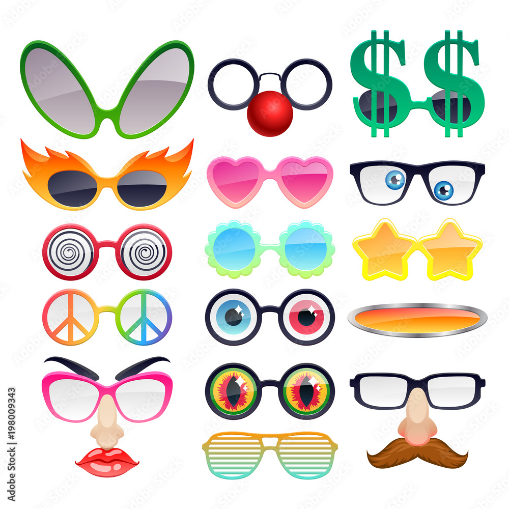 Set of colorful party sunglasses icons.