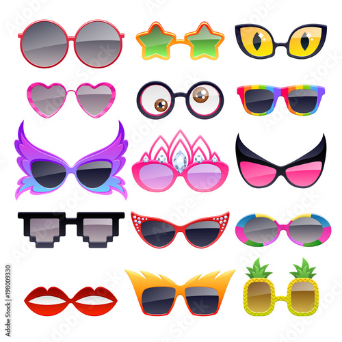 Set of colorful party sunglasses icons.