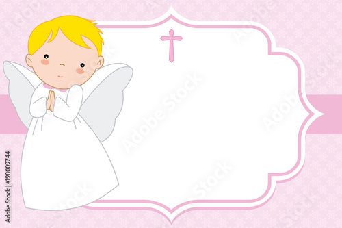 angel girl. Christening or communion card. space for text