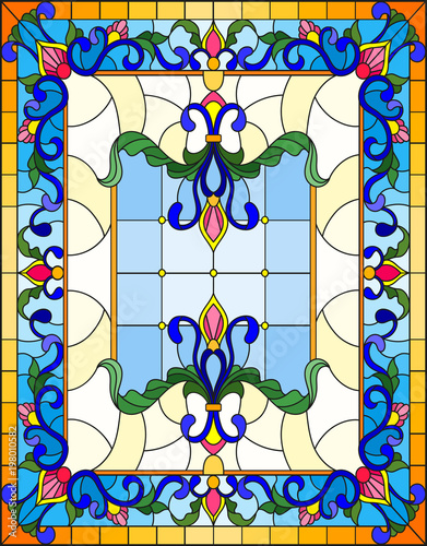 llustration in stained glass style with abstract  swirls,flowers and leaves  on a light background,vertical orientation
