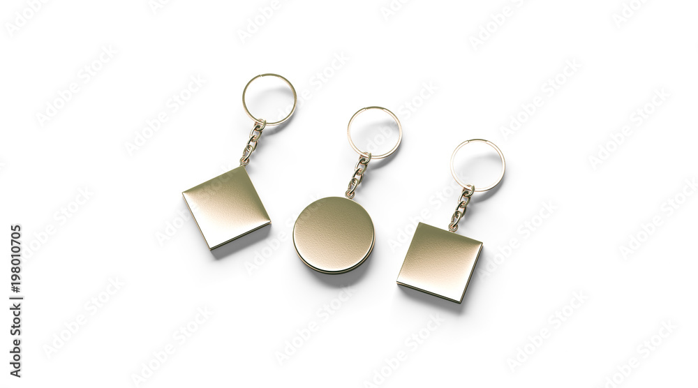 Blank golden key chain mock up side set view 3d rendering. Clear