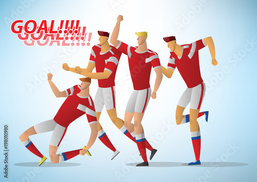 Many soccer players are celebrating the joy of scoring.