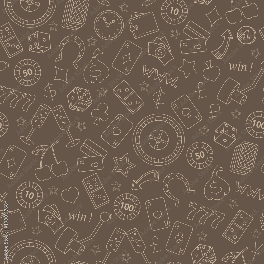 Seamless pattern on the theme of gambling and money simple beige outline on a brown background