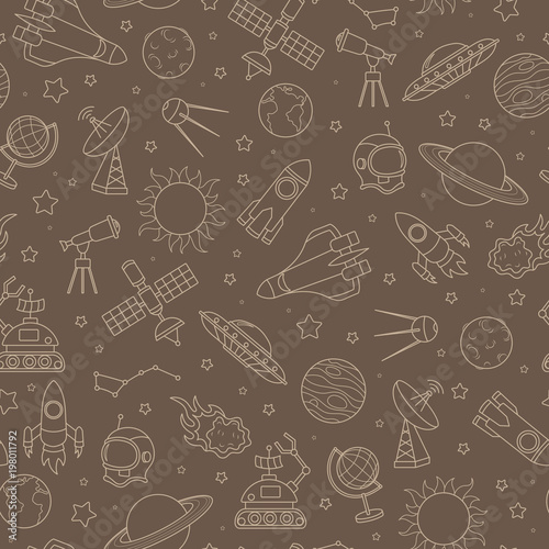 Seamless pattern on the theme of space and space flight, beige outline on a brown background