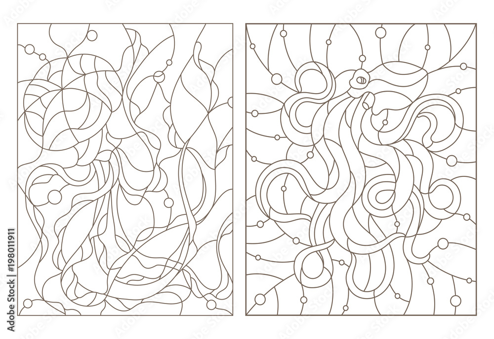 Set of outline illustrations of stained glass Windows with jellyfish and octopus, dark outlines on white background