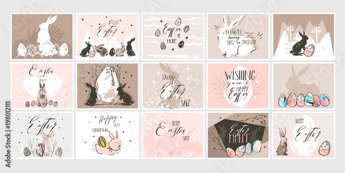Hand drawn vector abstract graphic scandinavian collage Happy Easter cute illustrations greeting cards template collection set and Happy Easter handwritten calligraphy isolated on white background