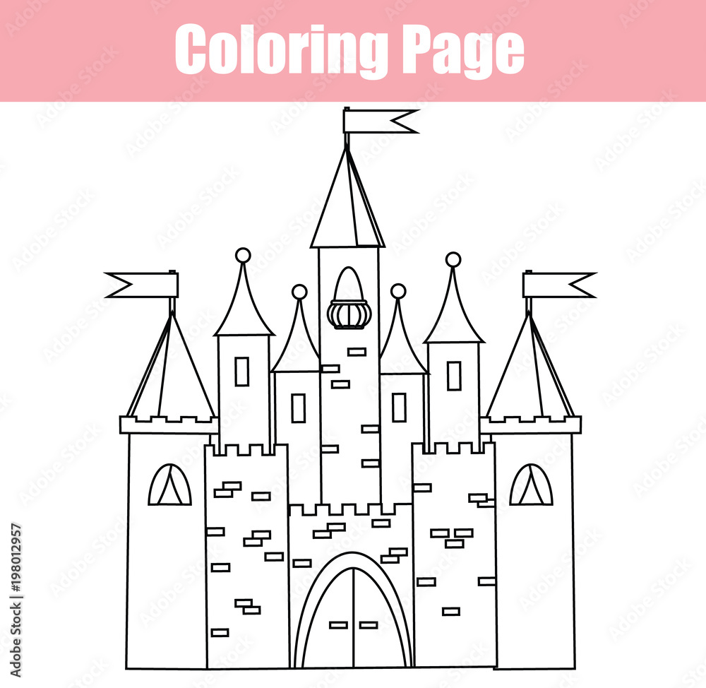 Coloring page. Educational children game. Fairy Castle. Drawing kids printable activity.