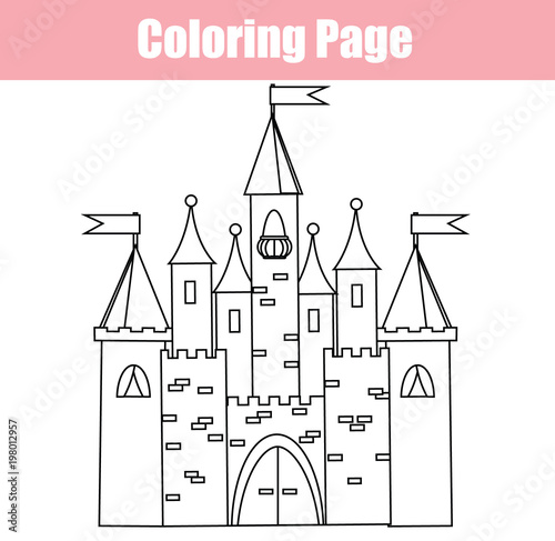 Coloring page. Educational children game. Fairy Castle. Drawing kids printable activity.