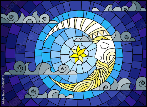 Illustration in stained glass style with moon on cloudy sky background, horizontal orientation