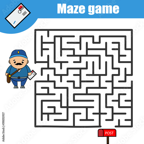 Maze game: postman and post box. Kids activity sheet, printable children