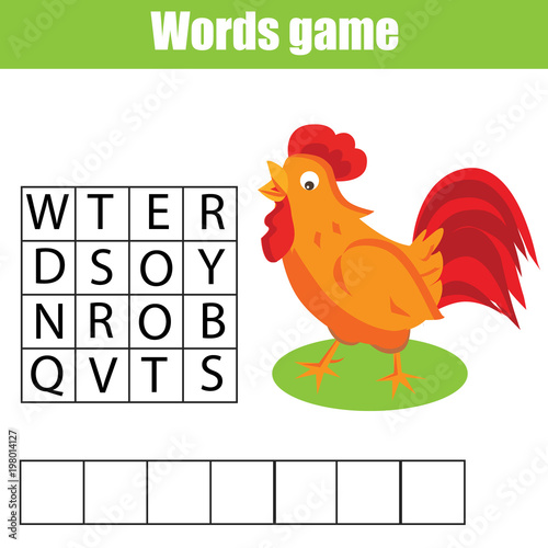 Educational children game. Word search puzzle kids activity. Rooster. Learning vocabulary