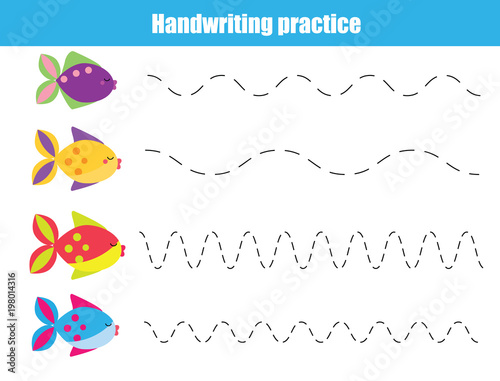 Handwriting practice sheet. Educational children game, printable worksheet for kids. Writing training printable worksheet