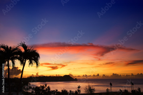 Silhouettes of palm trees against the sky during a tropical sunset.