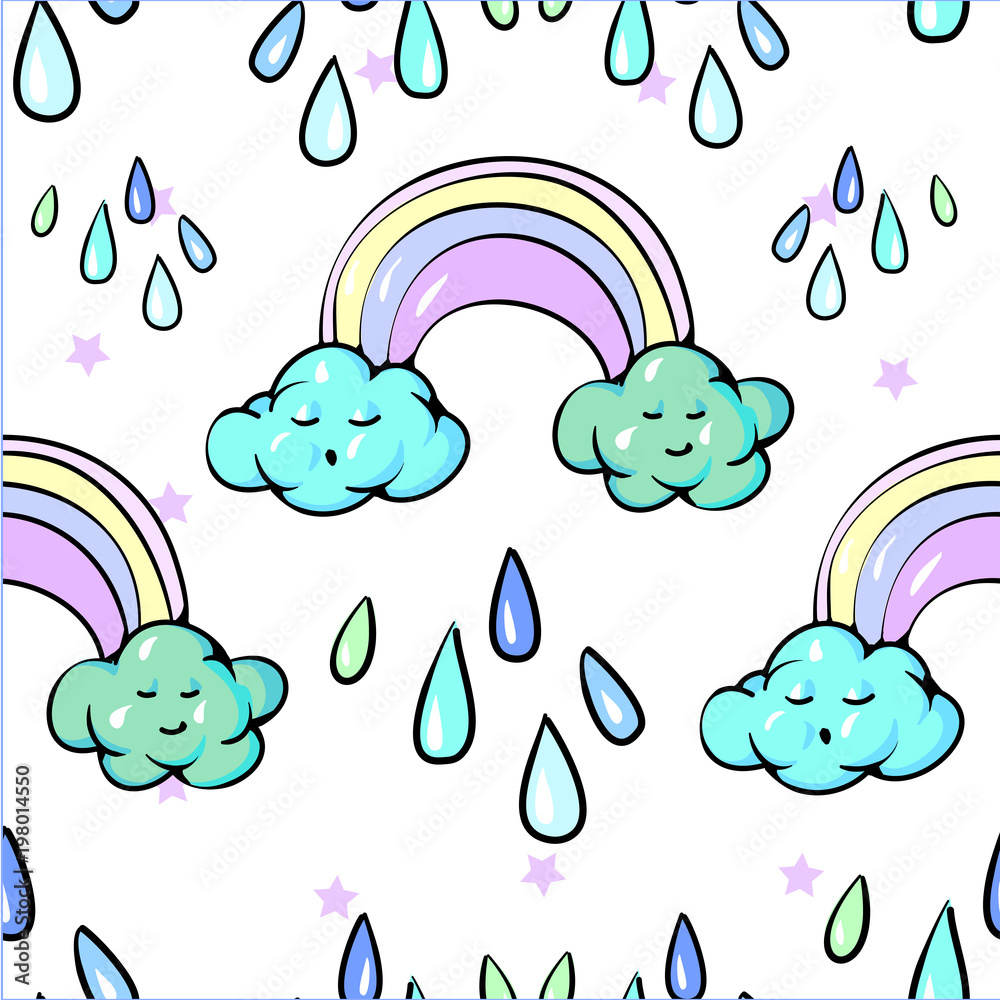 Seamless pattern Cute Rainbow Clouds Sun Raining drops Pastel Spring Vector Illustration