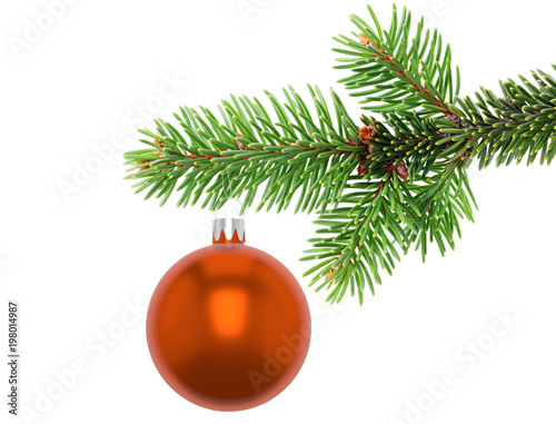 3D Illustration Closeup of a orange Christmas ball ornament hanging from the edge of an evergreen tree branch, isolated on a white background.