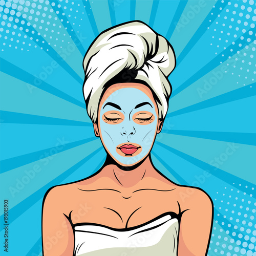 Sexy young woman in bath towel with cosmetic mask on her face. Colorful vector background in pop art retro comic style. Smiling and relaxing female face. 