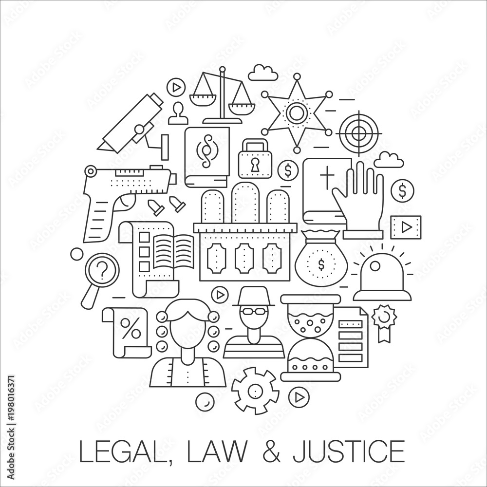 Legal, law and justice in circle - concept line illustration for cover, emblem, badge. Thin line stroke icons set.