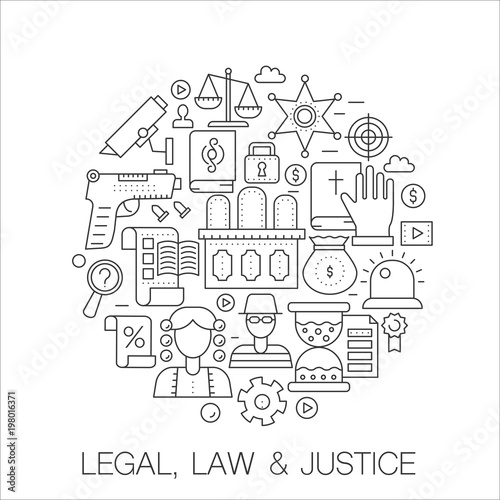 Legal, law and justice in circle - concept line illustration for cover, emblem, badge. Thin line stroke icons set. © lembergvector