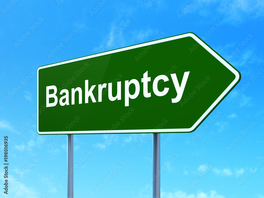 Law concept: Bankruptcy on green road highway sign, clear blue sky background, 3D rendering Law concept: Bankruptcy on green road highway sign, clear blue sky background, 3D rendering