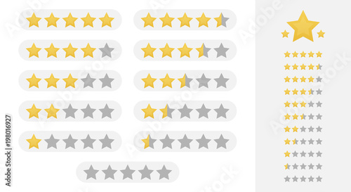 Five stars rating. Set, collection of star rating badges, labels for web and print.
