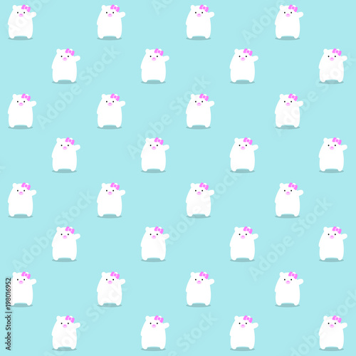 Pattern of an illustration of a kawaii white polar bear cub waving    hello    just wearing a cute pink bow over a blue background.