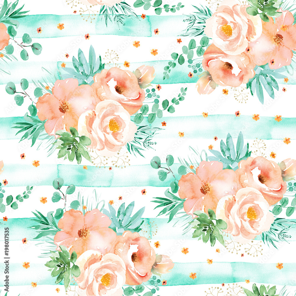 Watercolor floral seamless pattern in soft pink mint colors. Background  with flowers bouquets. Roses, succulents, eucalyptus leave, illustration  Stock Illustration