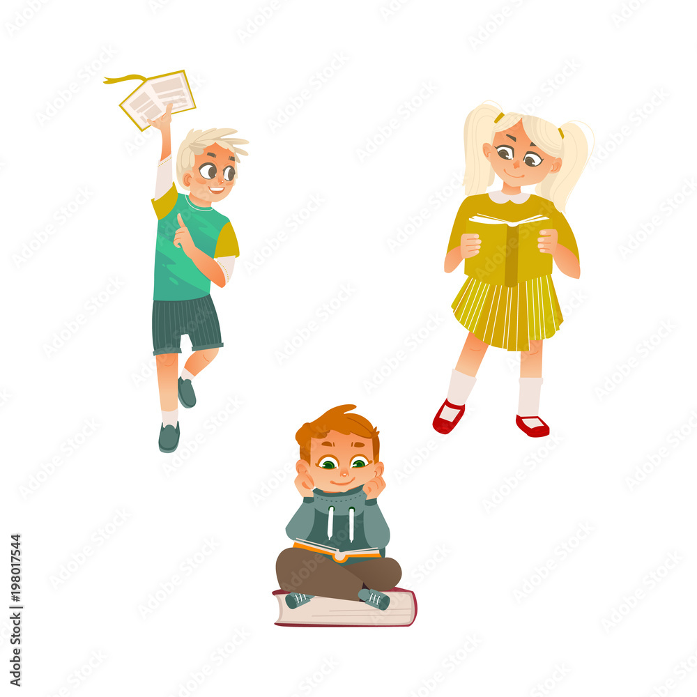 Vector cartoon small blonde girl, female school character standint, boys kid  sitting at big book reading textbook smiling, running. Preschool child  student, education concept. Isolated illustration Stock Vector | Adobe Stock