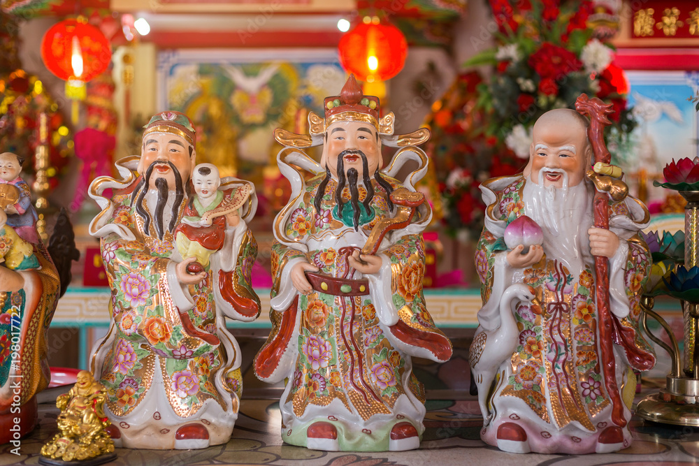Fu Lu Shou the three gods of fortune prosperity Is a Chinese shrine in Thailand.