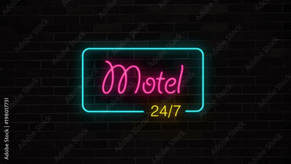 Neon Motel 24/7 sign turning on and blinking on grunge brick wall. Hotel open 24 hours. retro electric luminous signboard. Full hd and 4k. Neon Motel 24/7 sign turning on and blinking on grunge brick wall. Hotel open 24 hours. retro electric luminous signboard. Full hd and 4k.