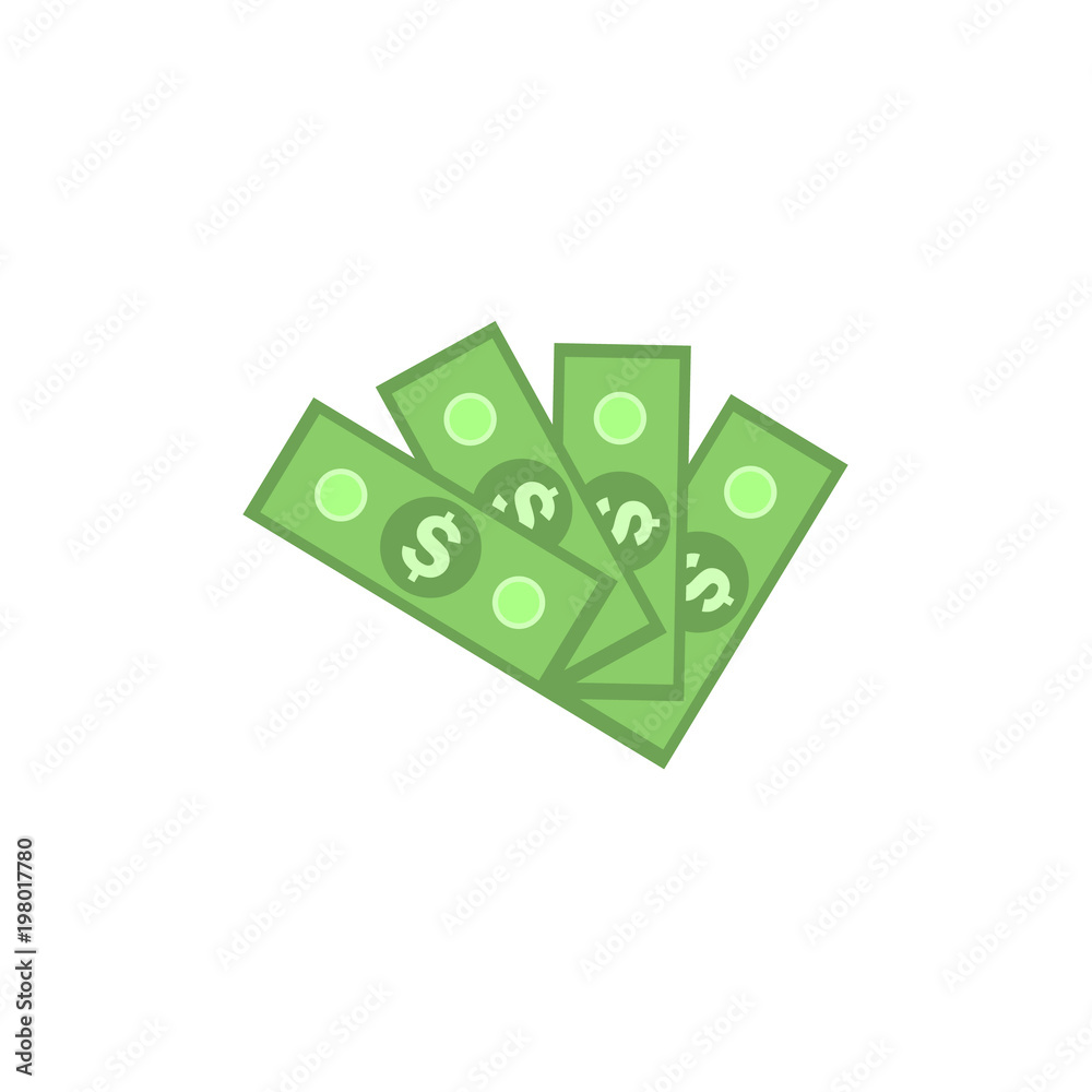 Fan of green dollar paper banknotes isolated on white background. Flat money concept for finance and banking theme banner or card. Vector illustration. Fan of green dollar paper banknotes isolated on white background. Flat money concept for finance and banking theme banner or card. Vector illustration.