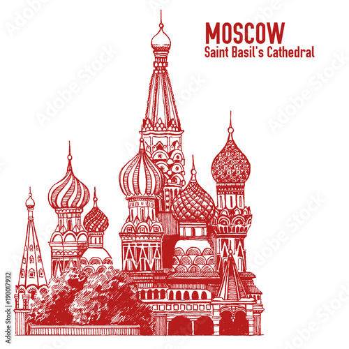 Moscow city colorful emblem with St. Basil's Cathedral, Vacation in Russia. Illustration isolated on white background.