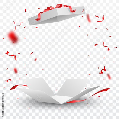 Open box with red confetti , isolated on transparent background photo
